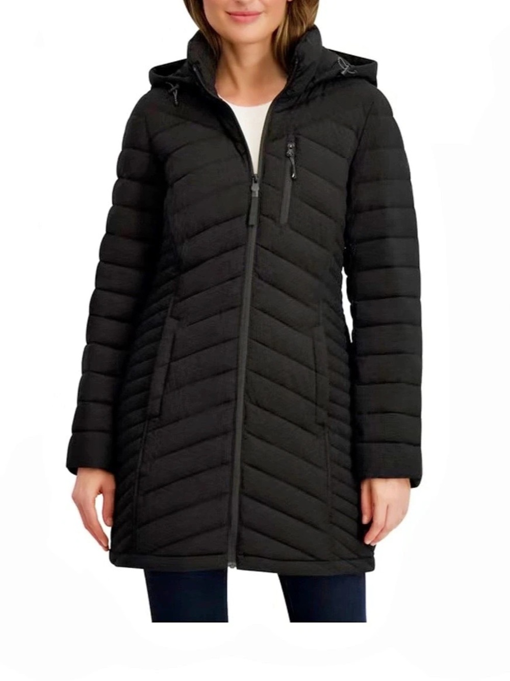 Nautica Women's Chevron Quilted Puffer Winter Jacket W/ Hood Black XL NWT